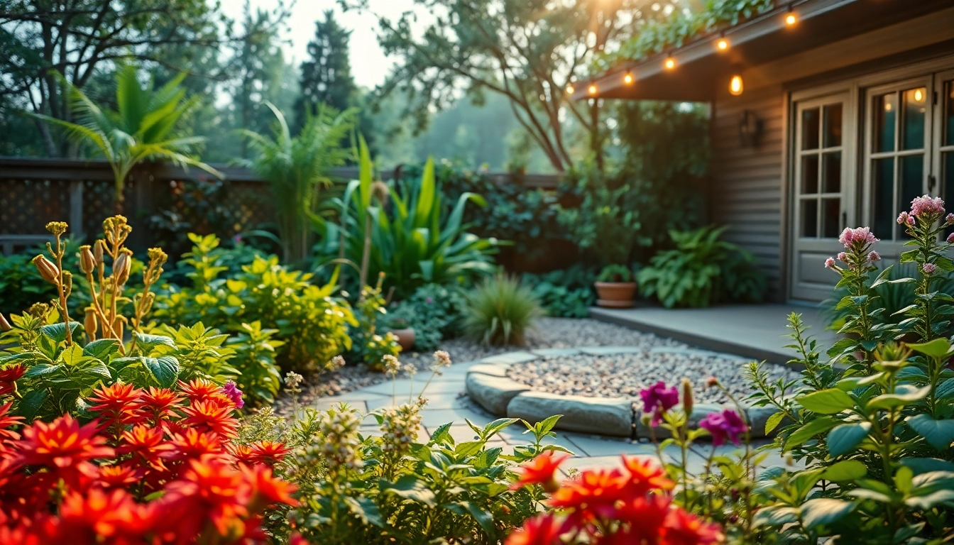 Jardin ayurvédique serein avec des herbes vibrantes et un espace de méditation, illustrant le bien-être holistique.