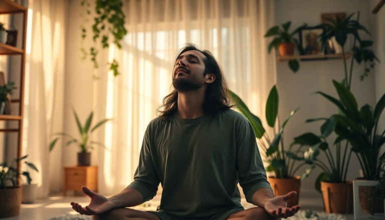 Personne pratiquant la méditation et la respiration profonde entourée de plantes, promouvant le bien-être émotionnel et la détente.