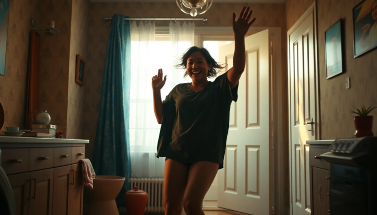 Personne dansant en nettoyant sa maison, illustrant le NEAT et l'importance de bouger au quotidien.