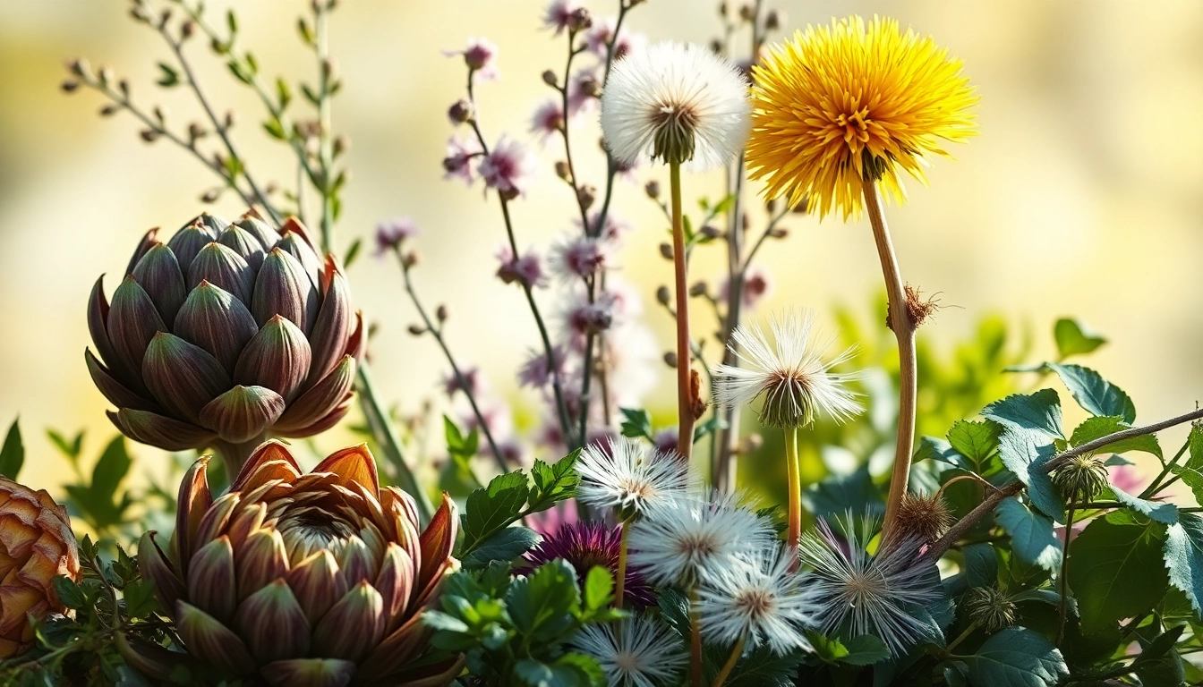 Arrangement de plantes détoxifiantes comme l'artichaut, le bouleau et le pissenlit, sur fond lumineux, illustrant la médecine douce.