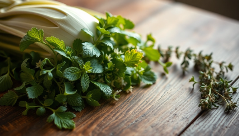 Arrangement de plantes médicinales : fenouil, menthe poivrée et thym sur une table en bois, illustrant leurs textures naturelles.