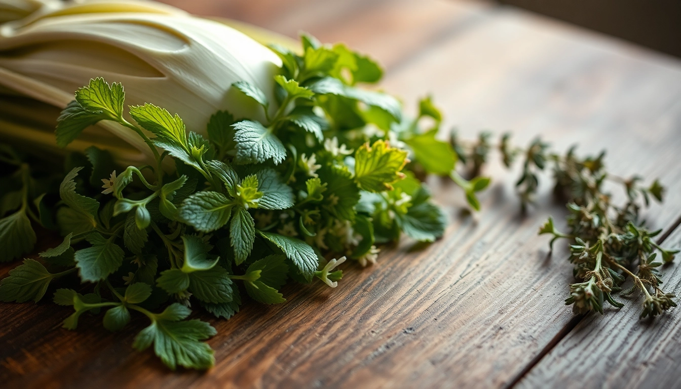 Arrangement de plantes médicinales : fenouil, menthe poivrée et thym sur une table en bois, illustrant leurs textures naturelles.
