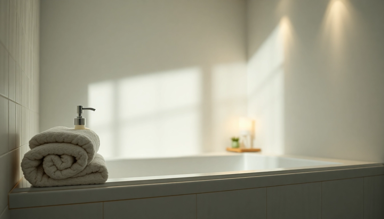 Salle de bain apaisante avec éclairage doux, mettant en avant des soins pour peau sensible.