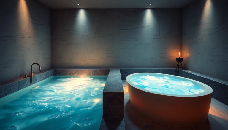 Installation de spa moderne avec un bain chaud et un bain froid, illustrant l'hydrothérapie et le bien-être.