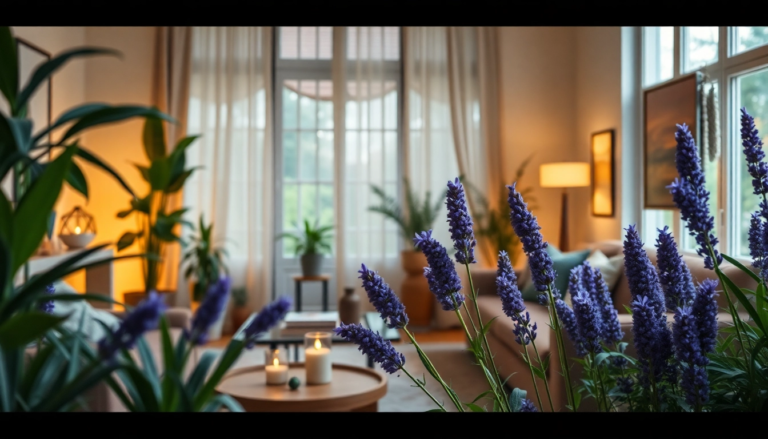 Salon apaisant avec huiles essentielles de lavande et camomille, créant une ambiance relaxante et chaleureuse.