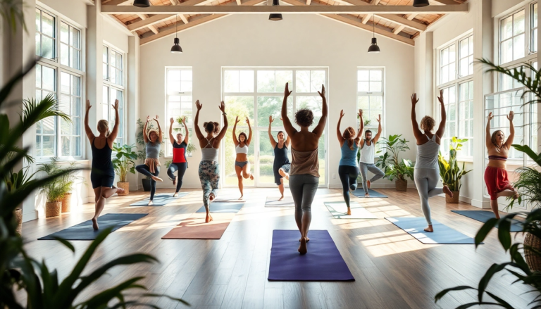 Studio de yoga serein avec des pratiquants en poses de yoga, illuminé par la lumière naturelle, évoquant le bien-être et le calme.
