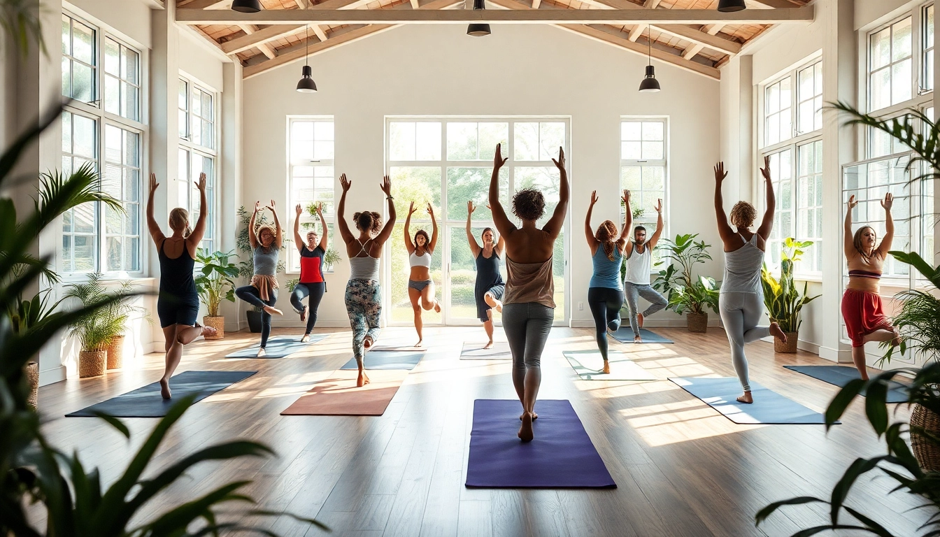 Studio de yoga serein avec des pratiquants en poses de yoga, illuminé par la lumière naturelle, évoquant le bien-être et le calme.