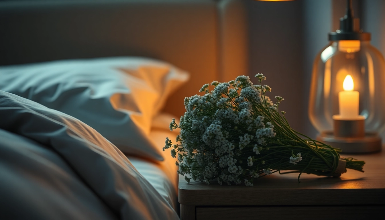 Racine de valériane sur une table de nuit éclairée, symbole de relaxation et de sommeil réparateur.