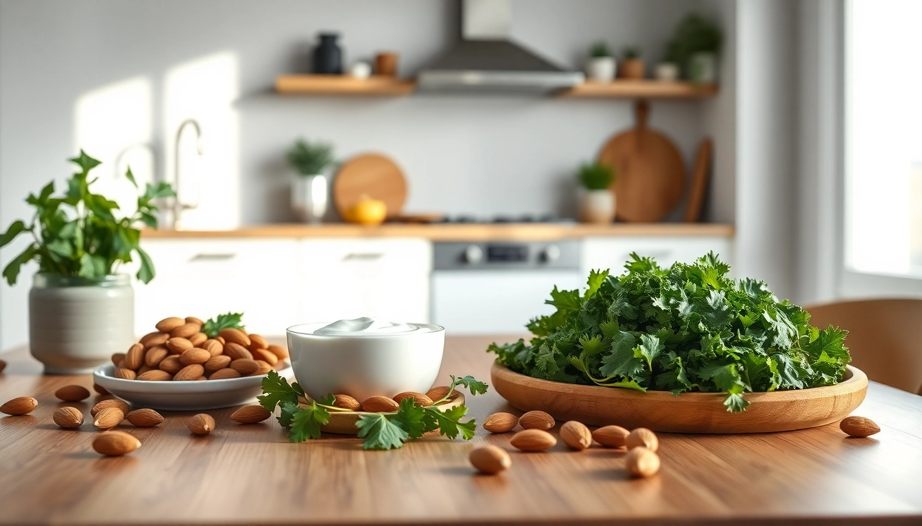 Table moderne avec des aliments riches en calcium tels que yaourts, légumes verts et amandes, illustrant un mode de vie sain.