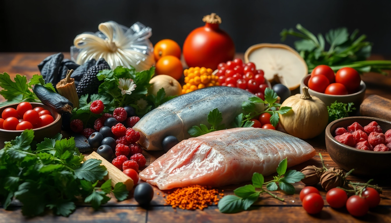 Assortiment coloré d'aliments anti-inflammatoires : légumes-feuilles, baies, poissons gras et épices sur une table en bois.