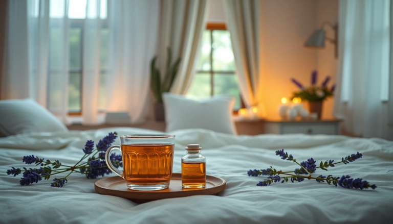 Chambre paisible avec des tisanes relaxantes et de l'huile essentielle de lavande, favorisant un sommeil réparateur et la gestion du stress.