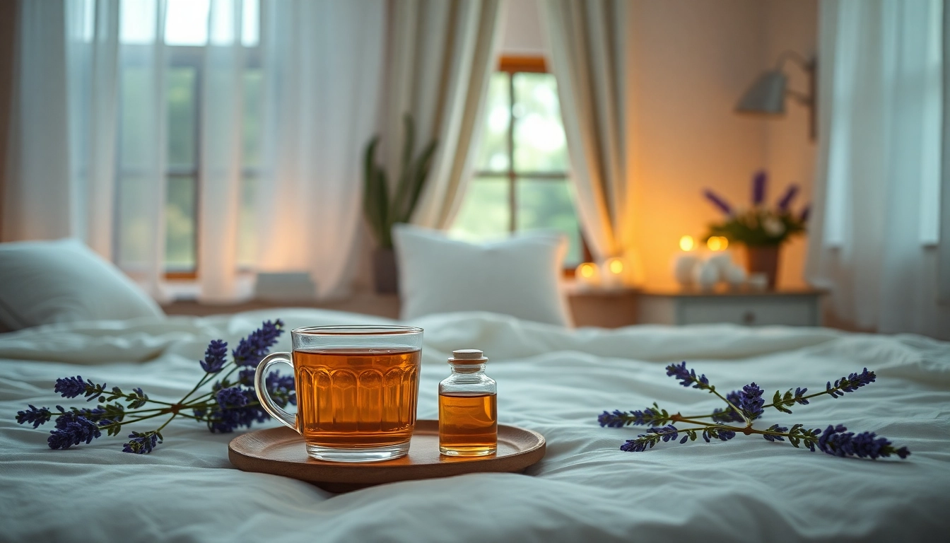 Chambre paisible avec des tisanes relaxantes et de l'huile essentielle de lavande, favorisant un sommeil réparateur et la gestion du stress.