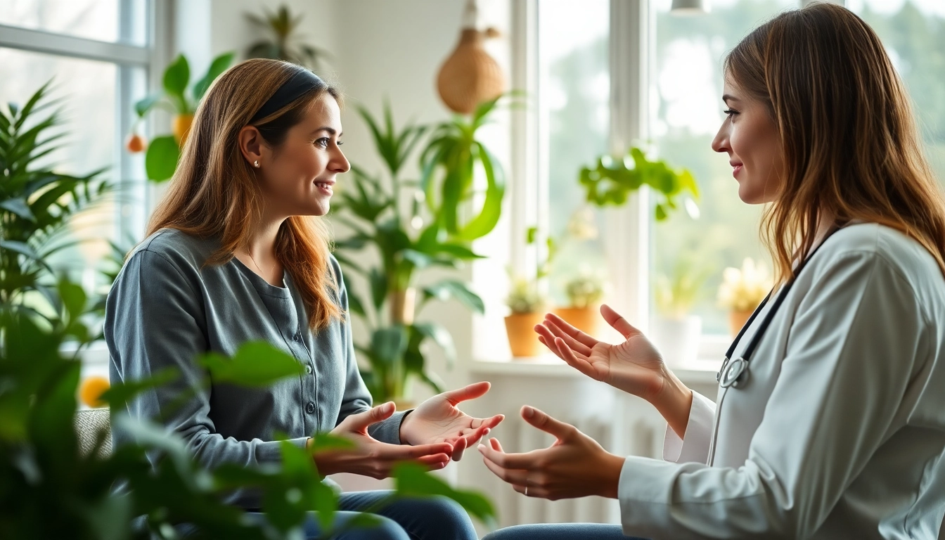 Scène de consultation en naturopathie moderne avec un praticien et un client, entourée de plantes et de lumière naturelle.