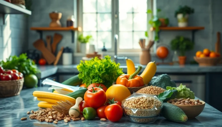 Scène de cuisine vibrante avec des aliments sains pour prévenir l'hypertension et le diabète, mettant en valeur les textures naturelles.