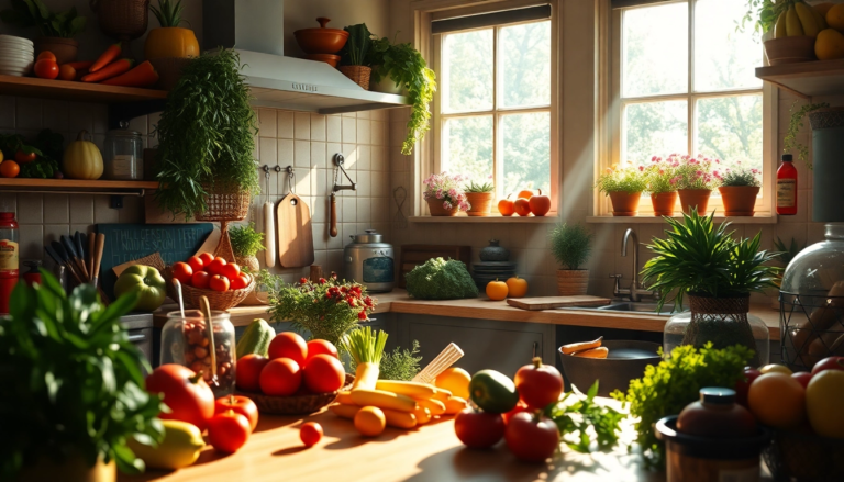 Cuisine moderne avec des fruits et légumes frais, symbolisant une hygiène de vie saine et une alimentation équilibrée.