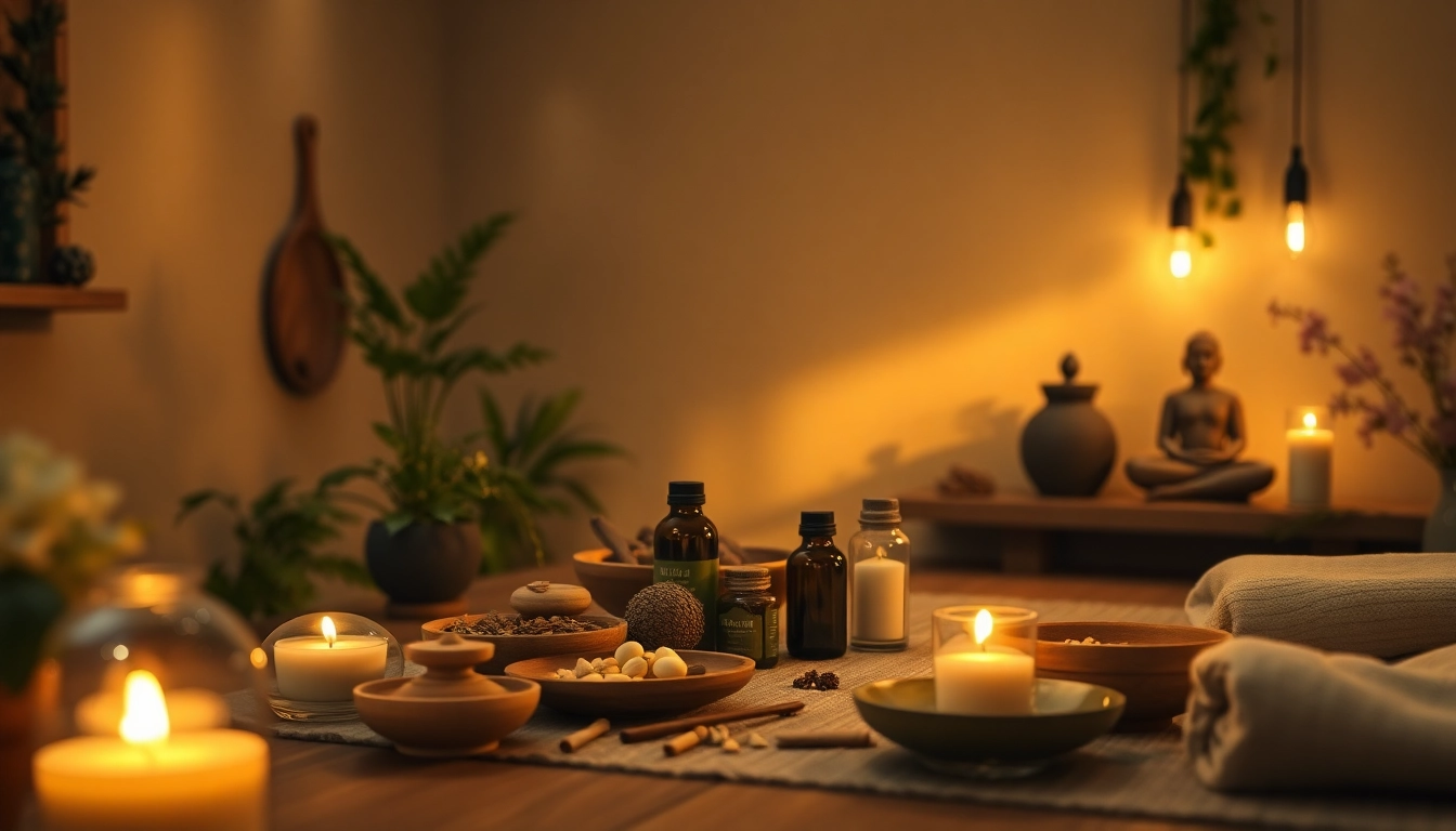 Espace de bien-être ayurvédique avec des herbes, huiles de massage et outils de méditation, représentant la santé holistique.