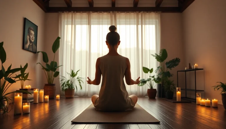 Espace intérieur calme avec une personne méditant sur un tapis de yoga, entourée de plantes et de bougies, illustrant la pleine conscience.