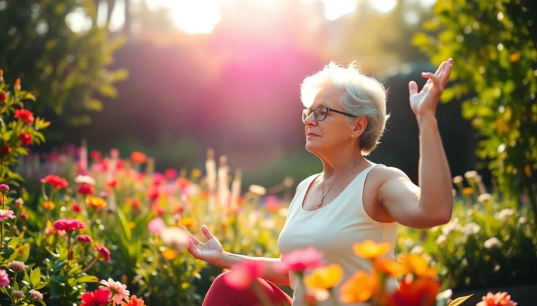 Femme mûre pratiquant le yoga dans un jardin paisible, illustrant les bienfaits de la naturopathie et de la relaxation.