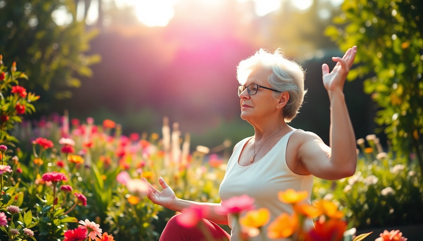 Femme mûre pratiquant le yoga dans un jardin paisible, illustrant les bienfaits de la naturopathie et de la relaxation.