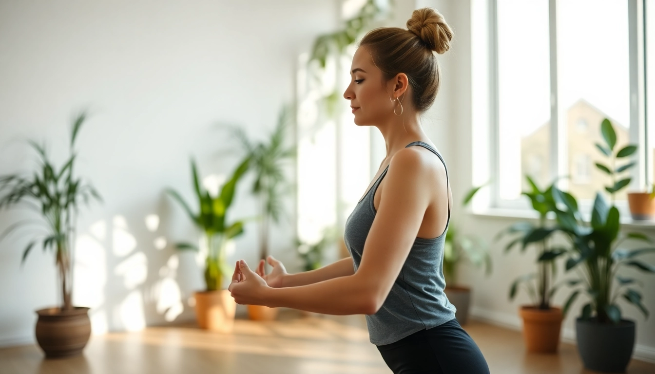 Femme en train de pratiquer le yoga dans un espace moderne, entourée de plantes, symbolisant l'équilibre et le bien-être naturel.