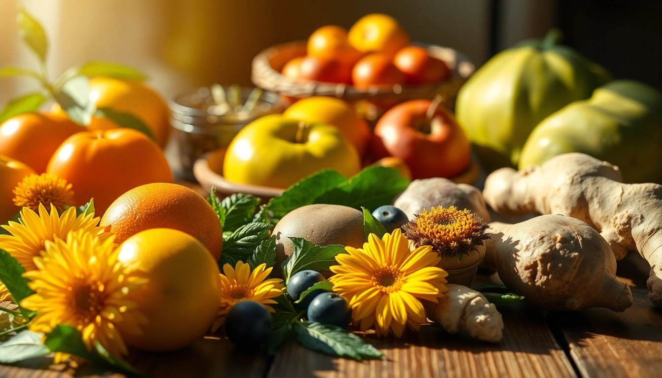 Table en bois avec des fruits colorés et des herbes médicinales.