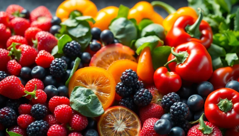 Fruits et légumes colorés riches en antioxydants, comme des baies, épinards et poivrons, présentés avec une lumière cinématographique.