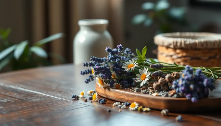 Herbes naturelles comme la camomille et la lavande sur une table en bois, illustrant des solutions pour réduire l'anxiété.
