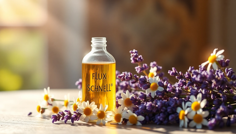 Bouteilles d'huiles essentielles de lavande et de camomille entourées de fleurs, créant une ambiance apaisante.