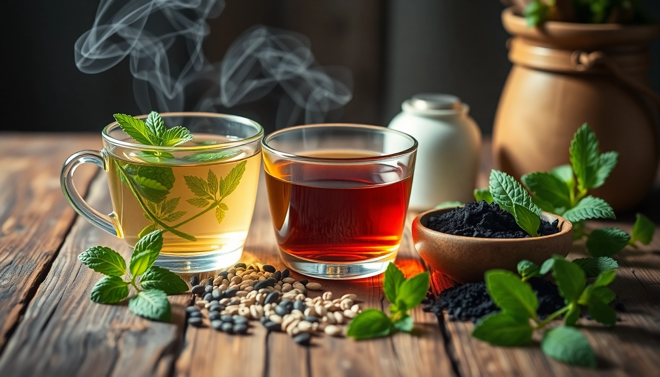 Mise en scène d'infusion de menthe, fenouil et charbon végétal sur une table en bois, symbolisant des remèdes naturels pour le confort digestif.