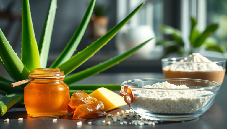 Ingrédients naturels pour l'eczéma : aloe vera, miel, propolis et avoine, sur une table moderne bien éclairée.
