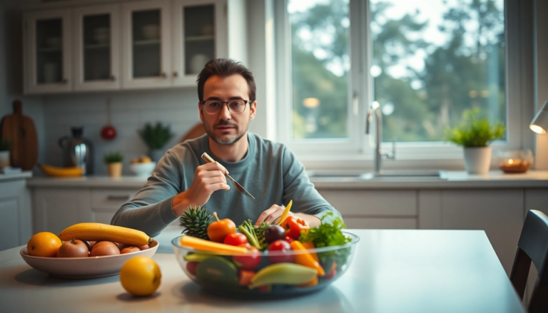 Personne savourant un repas sain et coloré avec des fruits et légumes frais dans une cuisine moderne.