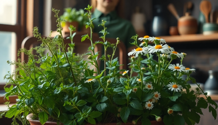 Affichage vibrant de plantes médicinales comme le fenouil, la menthe et la camomille dans une cuisine rustique.
