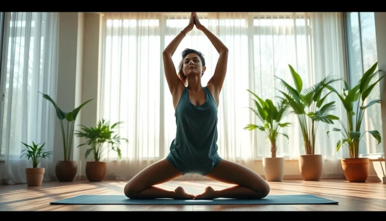 Séance de yoga dans un espace pacifique, mettant en avant la lumière naturelle et une atmosphère apaisante.
