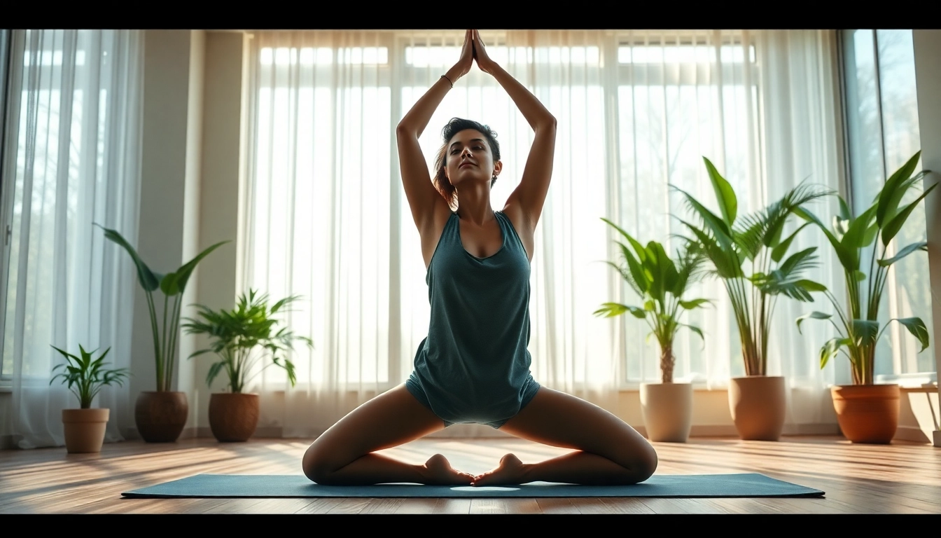 Séance de yoga dans un espace pacifique, mettant en avant la lumière naturelle et une atmosphère apaisante.
