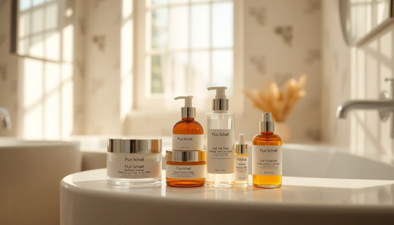 Produits de soin pour peau sensible présentés dans un cadre apaisant avec une lumière naturelle.