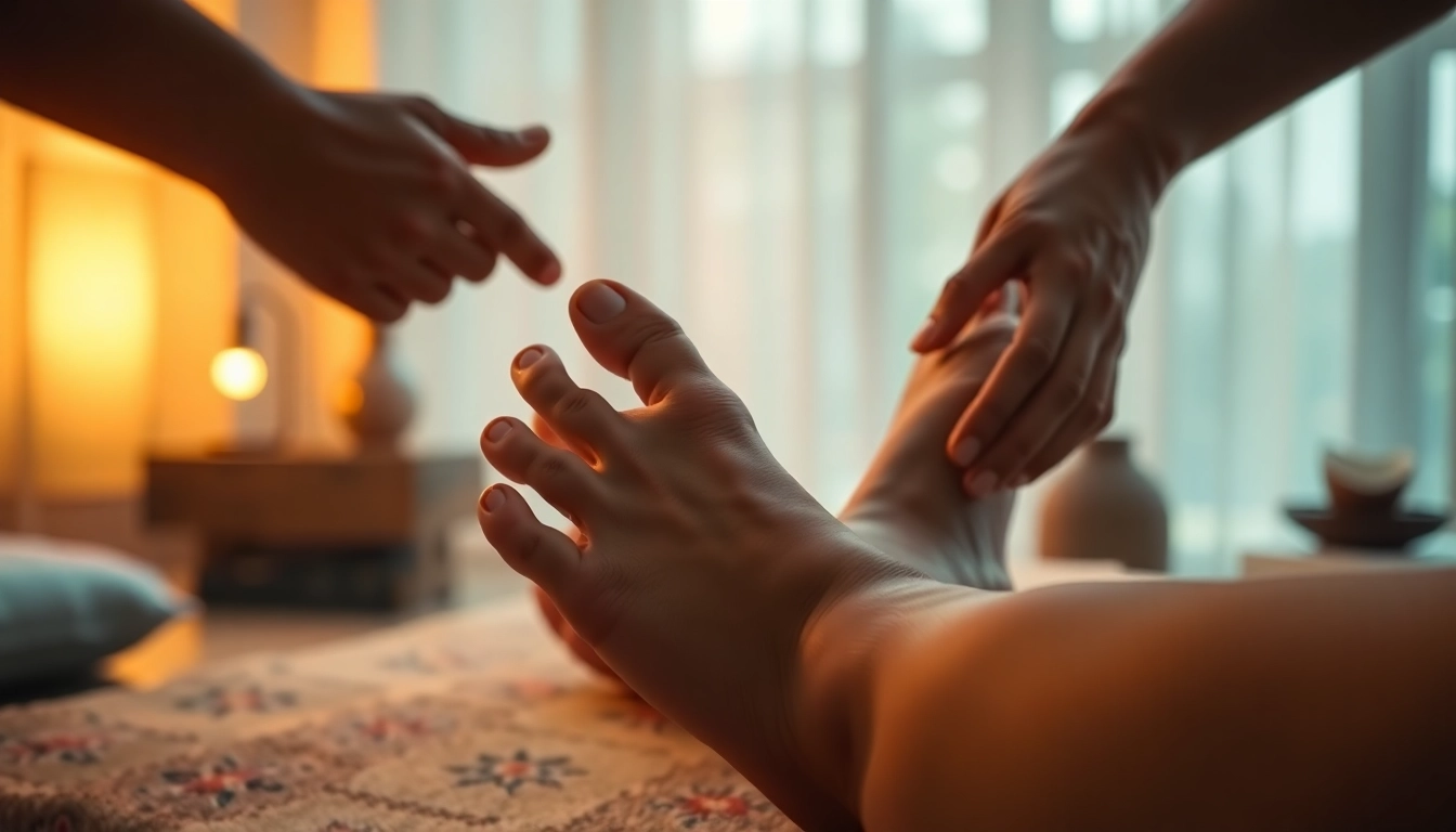 Séance de réflexologie plantaire avec un praticien massant les pieds, mettant en avant la détente et l'attention aux points réflexes.