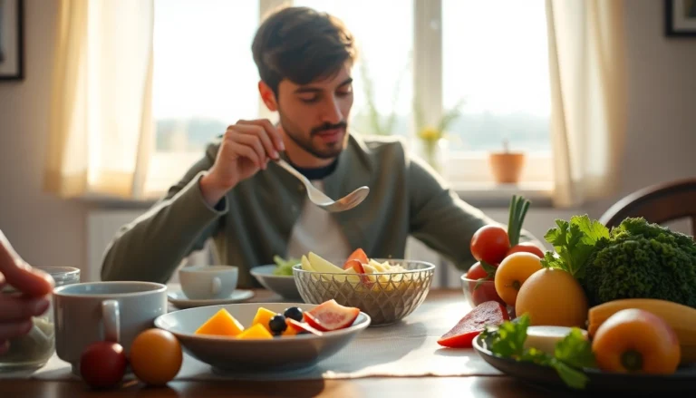 Personne profitant d'un déjeuner sain avec des fruits et légumes, illustrant les bienfaits du jeûne intermittent.