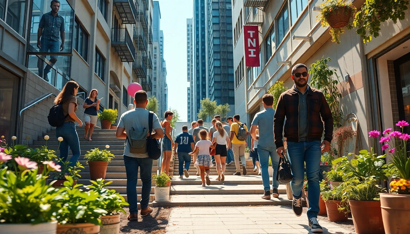 Scène urbaine illustrant des personnes engagées dans des activités quotidiennes pour augmenter le NEAT.