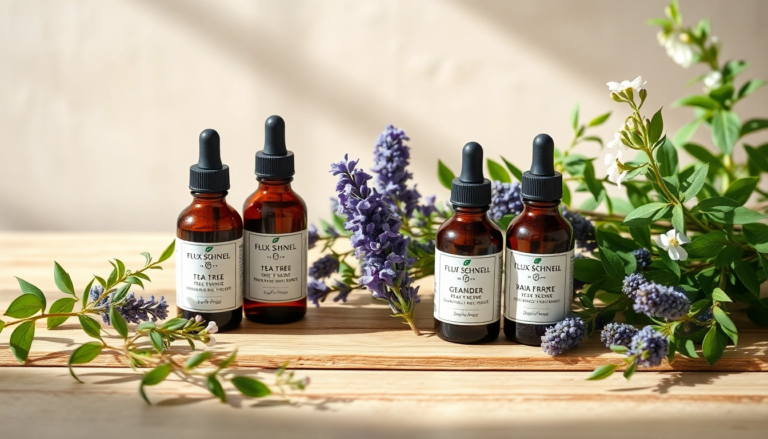 Configuration de soins naturels contre l'acné hormonale avec des huiles essentielles et des plantes, offrant une atmosphère apaisante et curative.