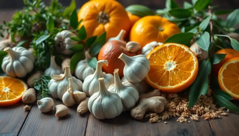 Assortiment vibrant d'aliments naturels pour renforcer l'immunité incluant ail, gingembre et plantes médicinales.