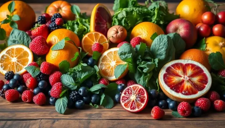 Assortiment coloré d'aliments riches en antioxydants comme des baies, légumes verts et agrumes sur une table en bois.