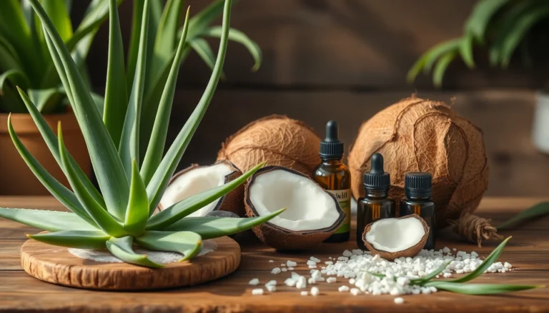 Produits naturels pour apaiser l'eczéma : aloe vera, huiles végétales et essentielles sur une table en bois.