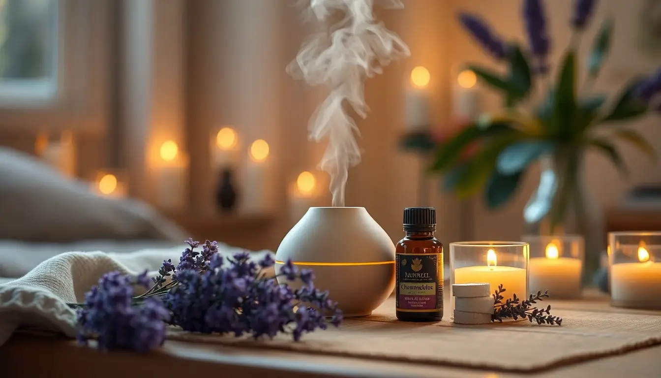 Configuration d'aromathérapie avec huiles essentielles de lavande et de camomille, créant une ambiance relaxante et apaisante.