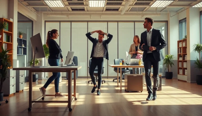 Bureau dynamique avec un bureau assis-debout et des collègues discutant en marchant, illustrant les habitudes du NEAT.