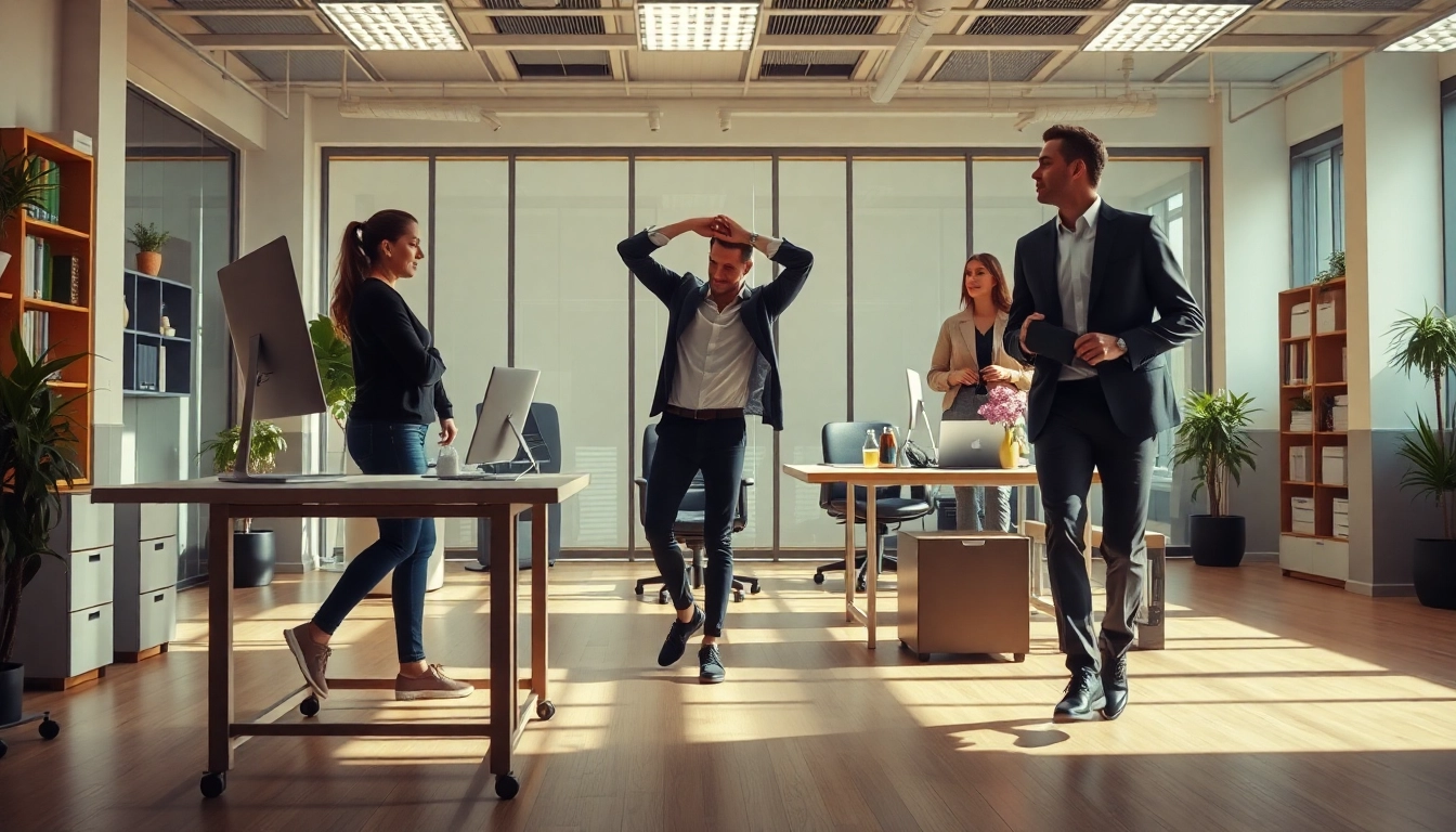 Bureau dynamique avec un bureau assis-debout et des collègues discutant en marchant, illustrant les habitudes du NEAT.
