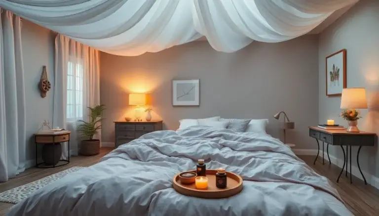 Chambre apaisante avec huiles essentielles, tisanes et espace de méditation, favorisant la relaxation et le sommeil.