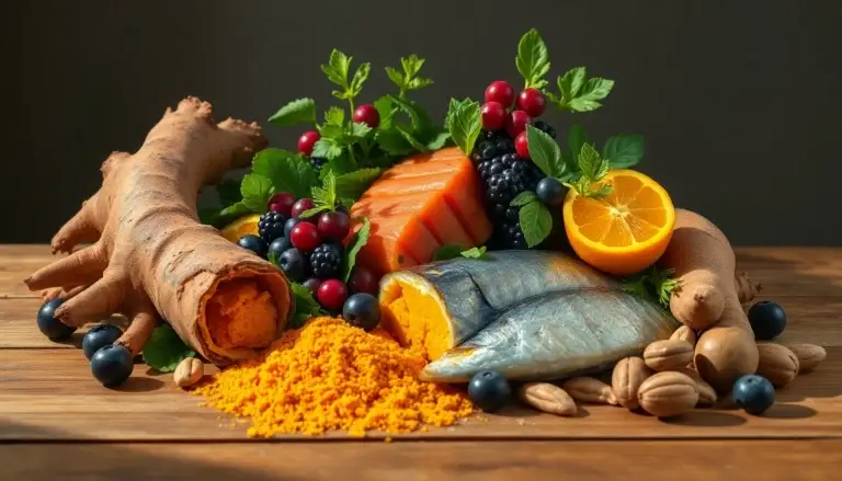 Composition de produits alimentaires anti-inflammatoires : curcuma, poisson gras, baies, légumes feuillus et noix sur une table en bois.