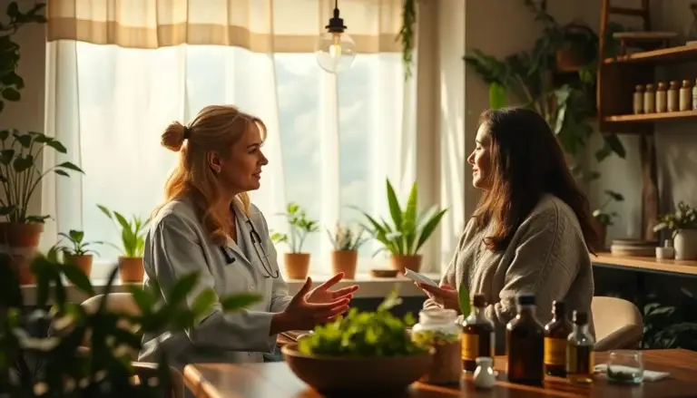 Consultation naturopathique dans une ambiance chaleureuse, praticien échangeant avec un client entouré de plantes et remèdes naturels.