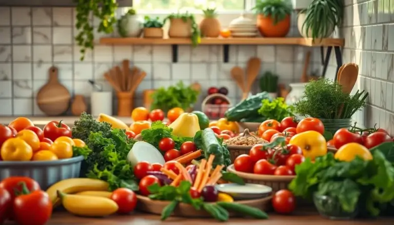 Scène de cuisine avec des ingrédients frais, illustrant une alimentation méditerranéenne saine et équilibrée.