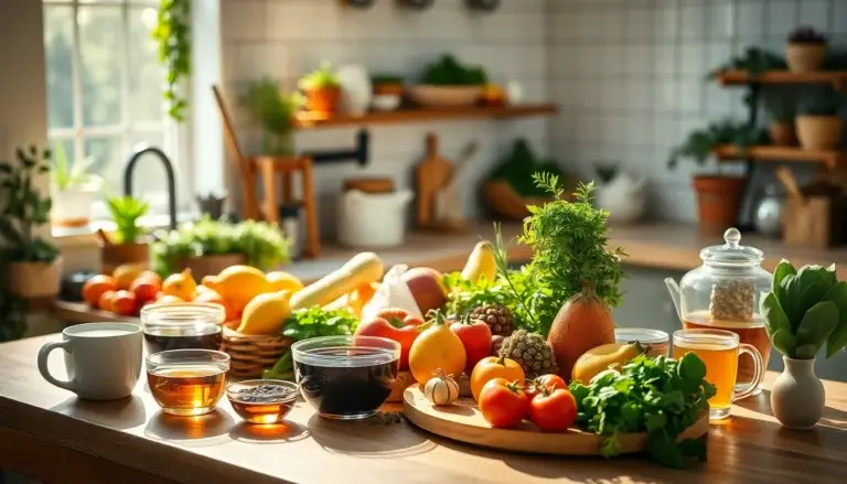 Cuisine lumineuse avec des aliments sains, herbes et infusions, illustrant la naturopathie et le bien-être.